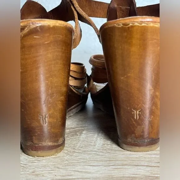 Frye Gabriella 7.5B Cut-Out Wedge Slingback T-Strap Woven Leather Sandals - Picture 5 of 14